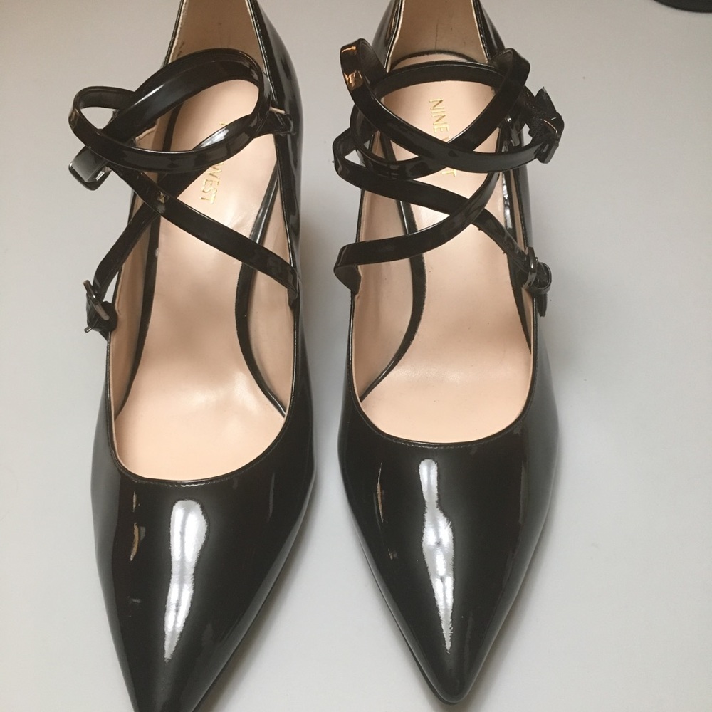 Nine West Black Patent Leather Strappy Heels Sz 11